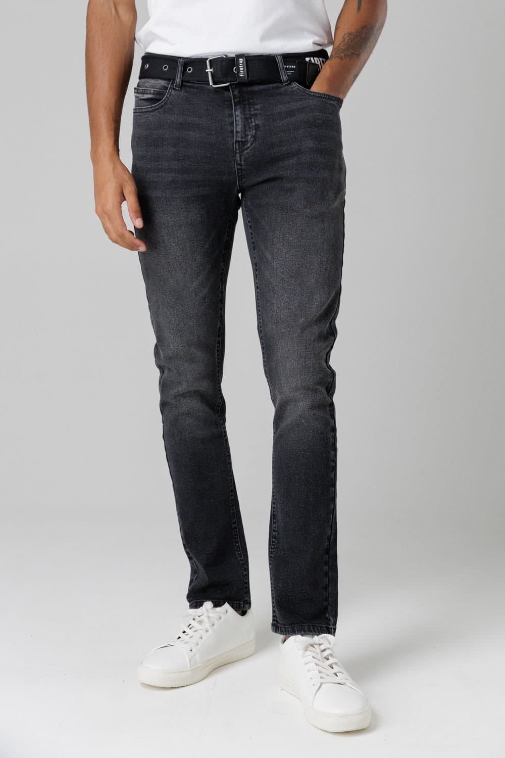 Firetrap Firetrap Men's Slim Fit Jeans with Branded Cotton Belt & Contrast Stitching in Black