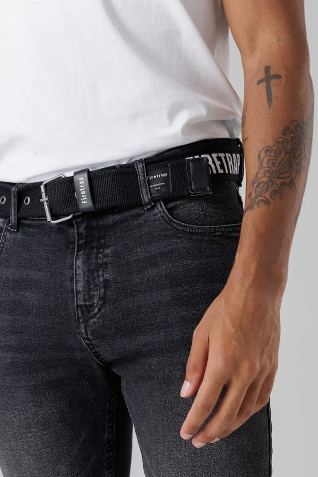 Firetrap Firetrap Men's Slim Fit Jeans with Branded Cotton Belt & Contrast Stitching in Black - 3