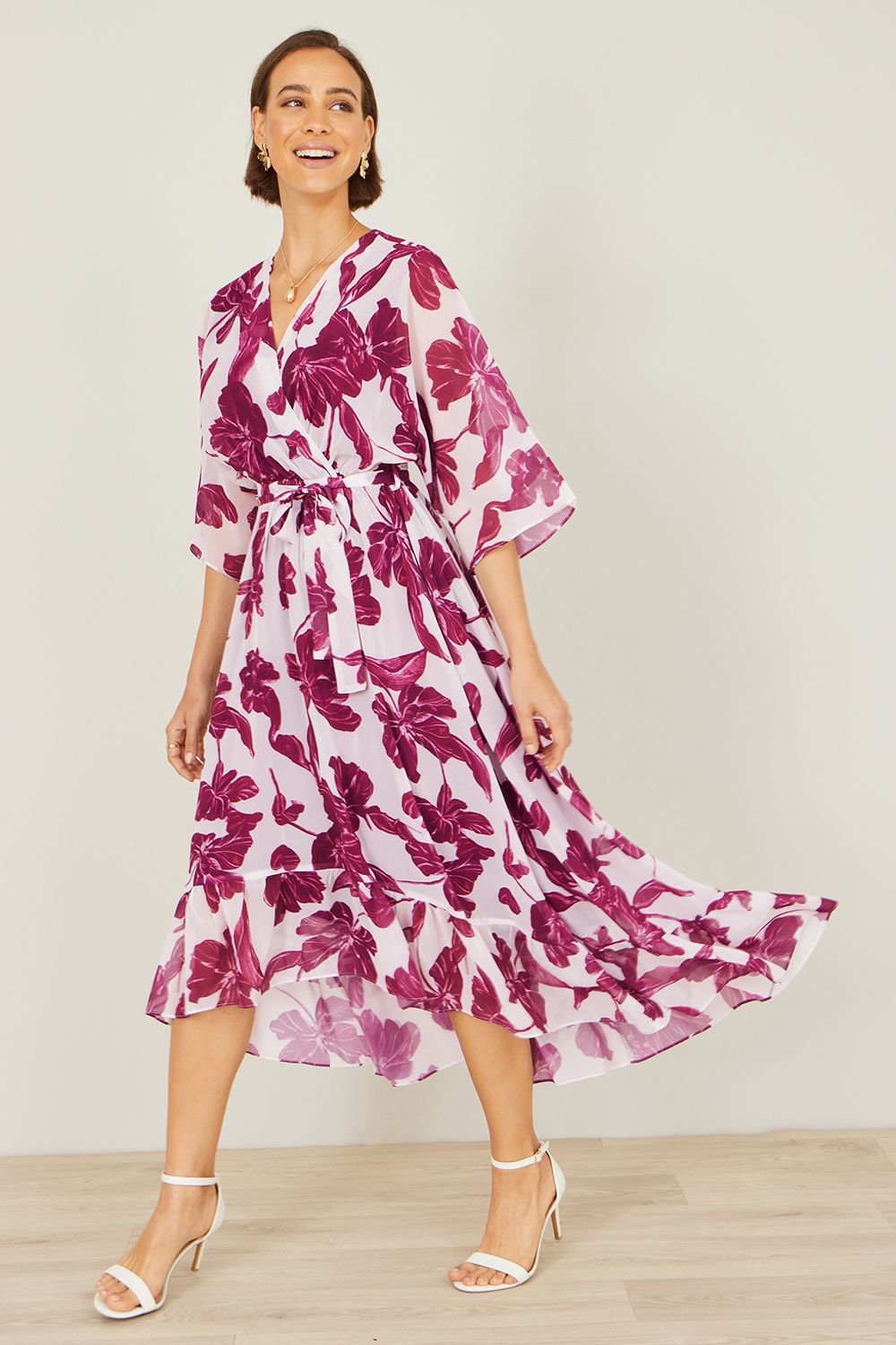 Yumi Yumi Women's White & Pink Kimono Sleeves Midi Dip Hem Wrap Midi Dress - 2