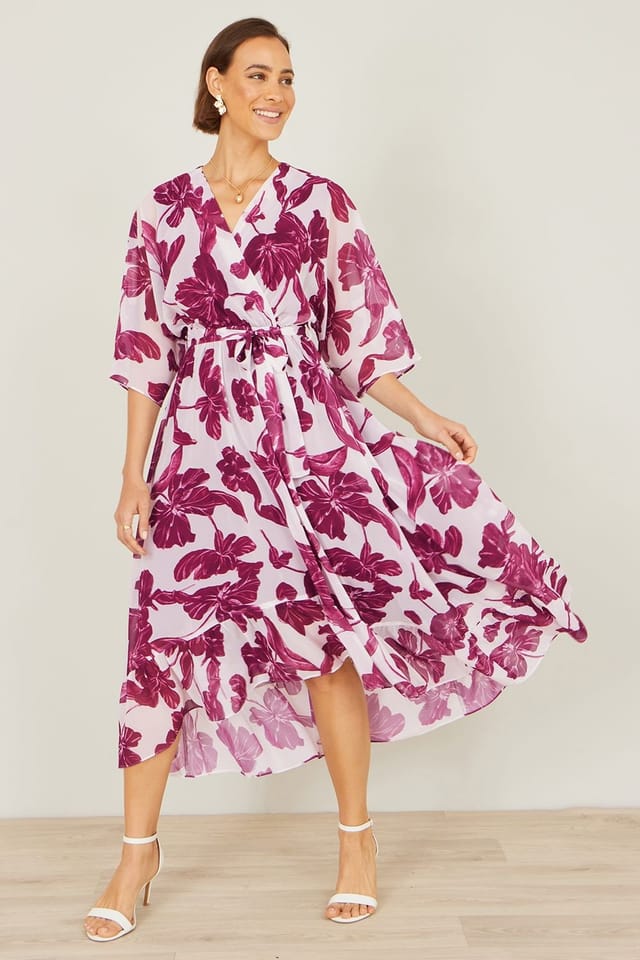 Yumi Yumi Women's White & Pink Kimono Sleeves Midi Dip Hem Wrap Midi Dress - 3