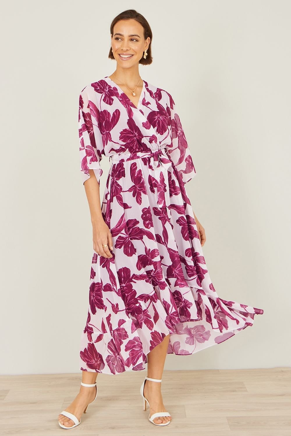 Yumi Yumi Women's White & Pink Kimono Sleeves Midi Dip Hem Wrap Midi Dress - 4