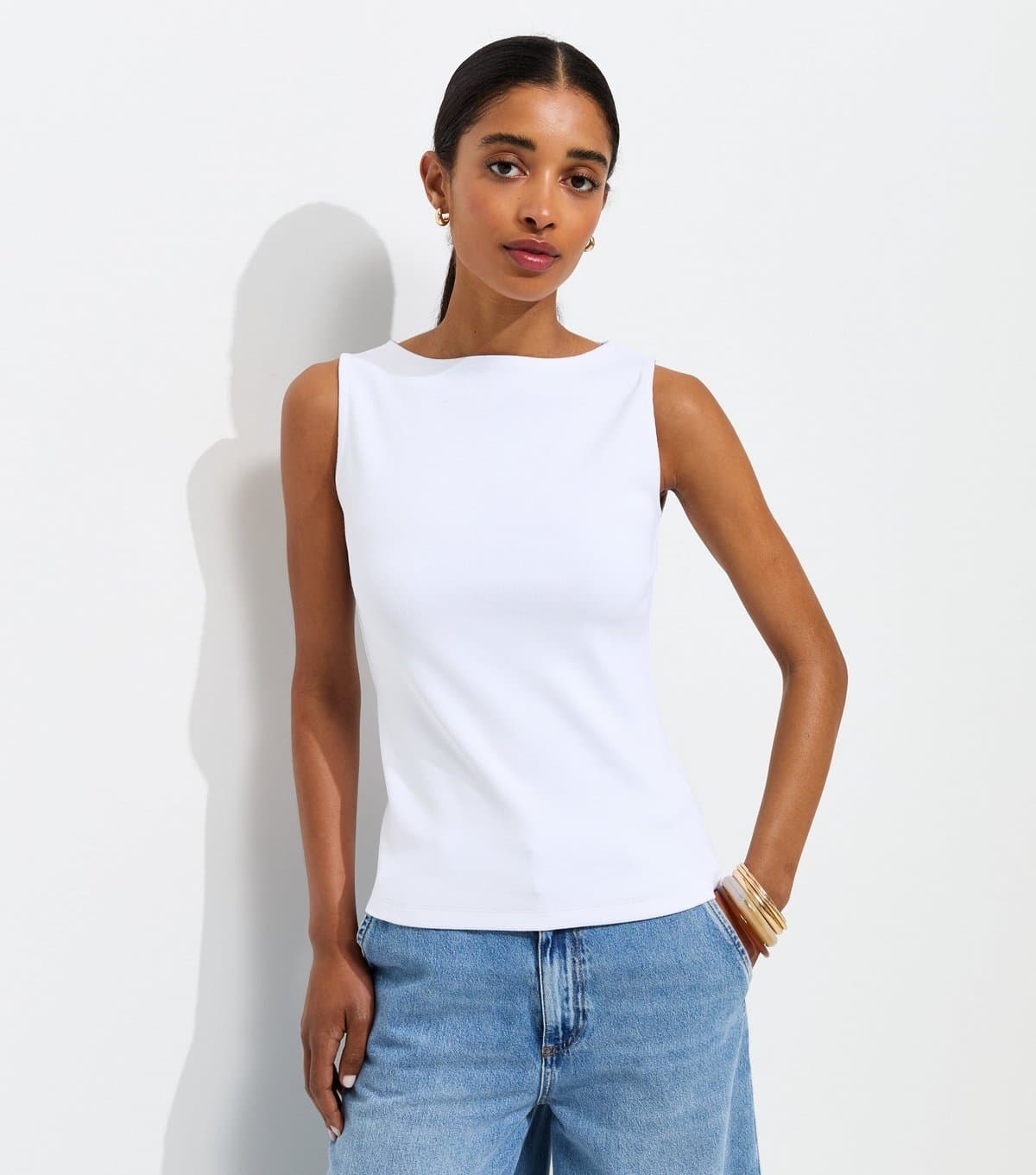 New Look Women's Premium White Heavyweight Cotton Slash Neck Top New Look