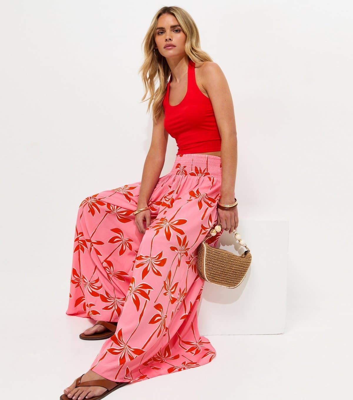 New Look Women's Petite Pink Palm Print Palazzo Trousers New Look