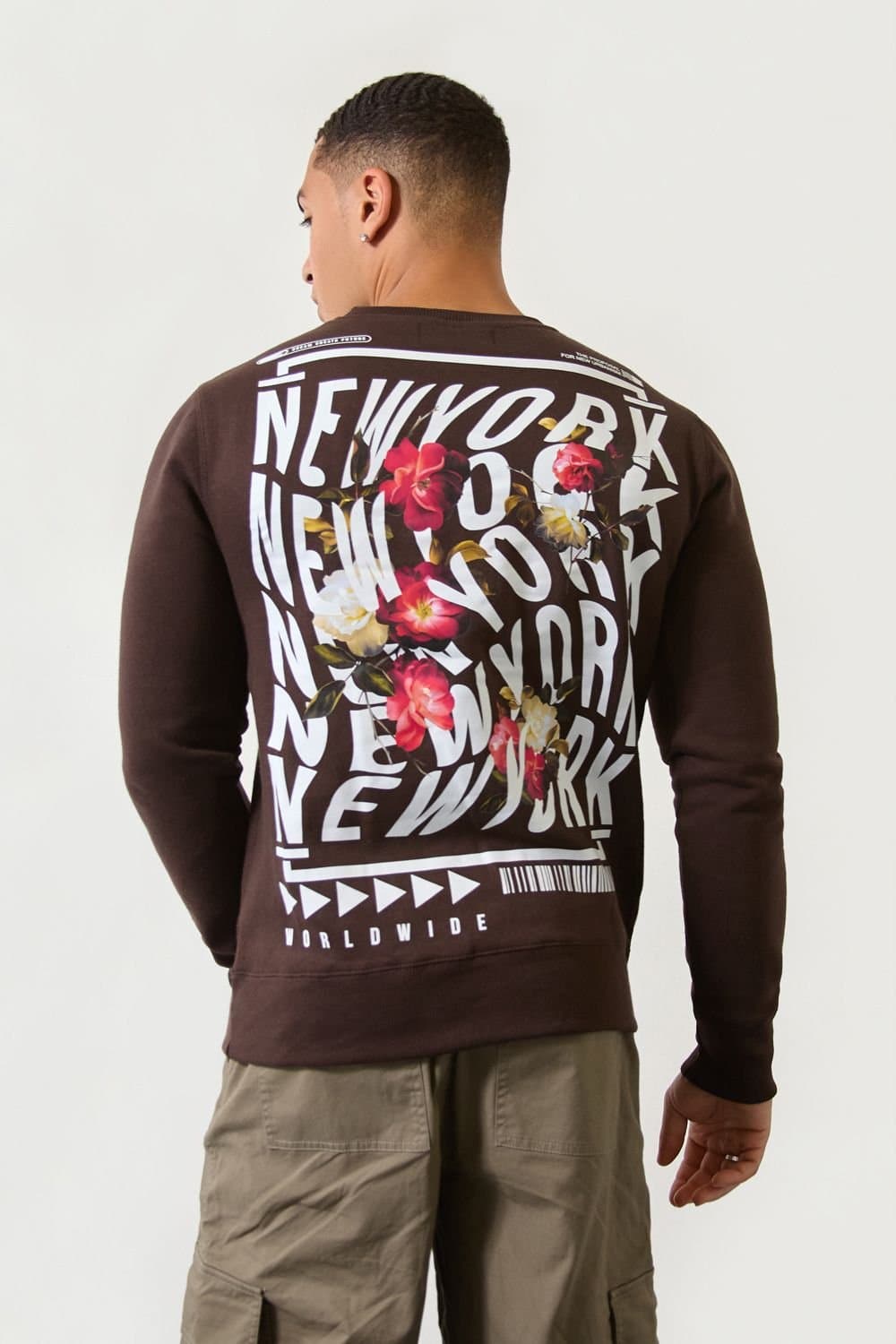 LONDON ATTITUDE LONDON ATTITUDE Men's Brown Floral “New York" Crewneck Regular Fit Sweatshirt
