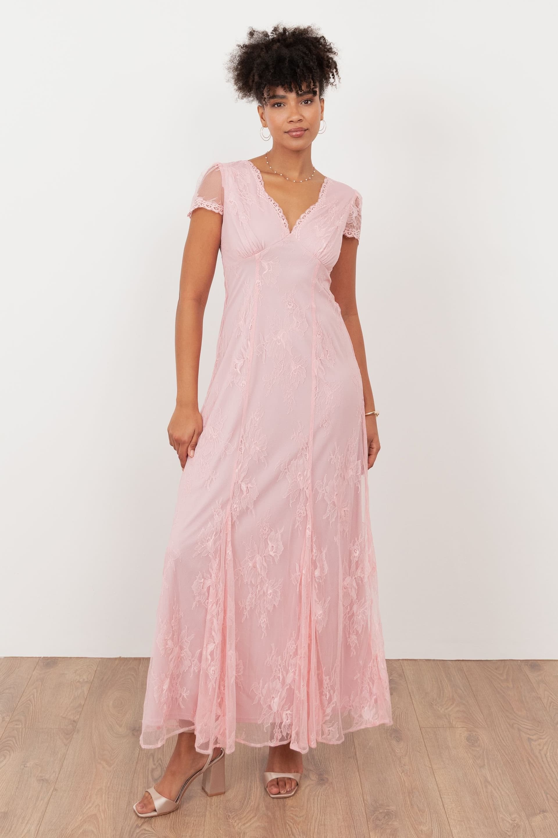 Maya Deluxe Maya Deluxe Women's Lace V Neck Maxi Dress in Light Pink