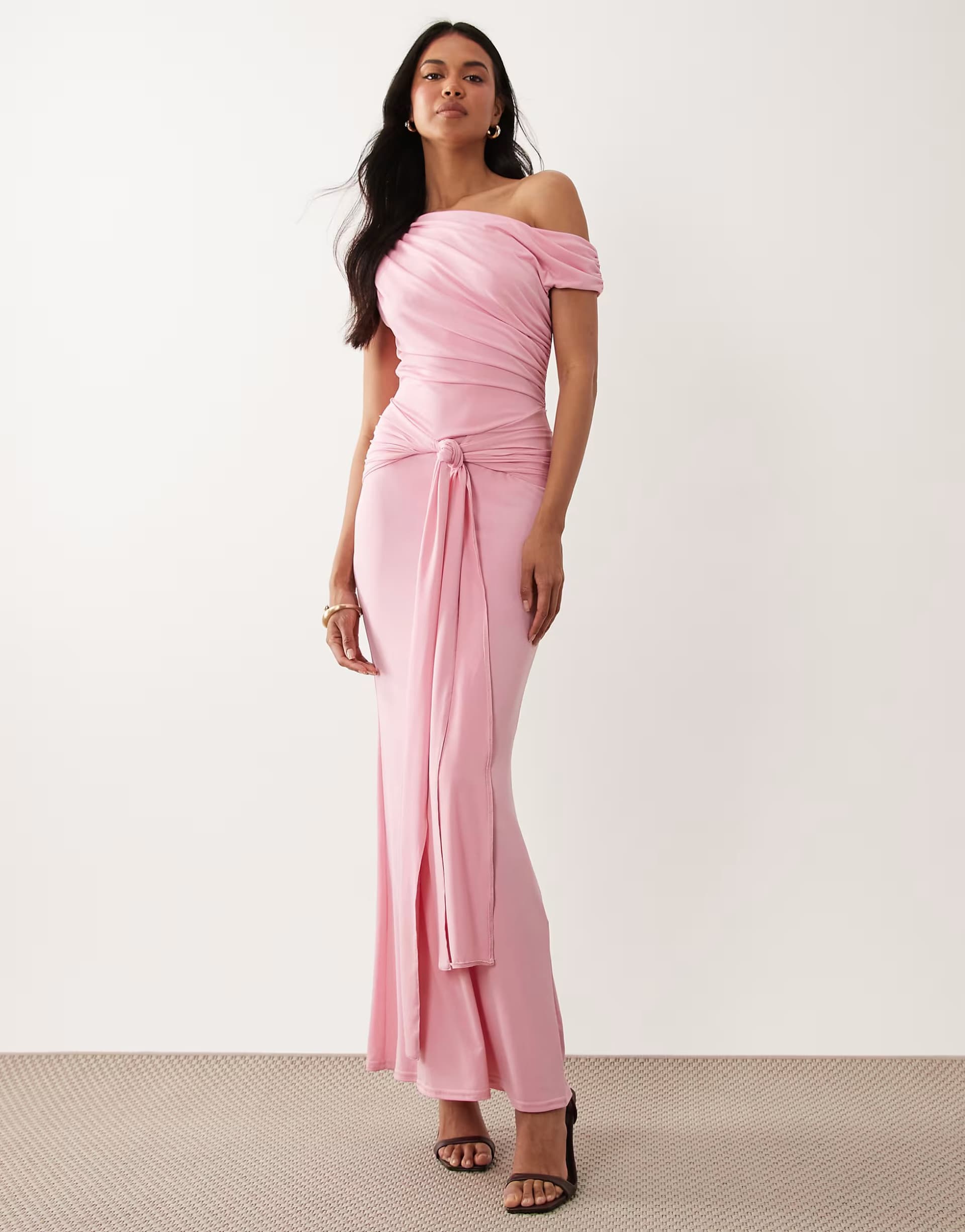ASOS TFNC slinky draped one shoulder maxi dress in sugar pink