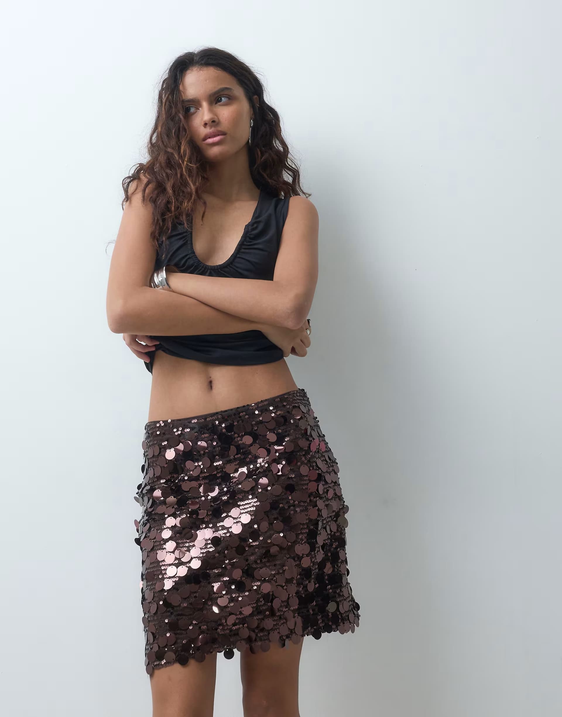 ASOS ONLY high waist sequin mini skirt in chocolate brown