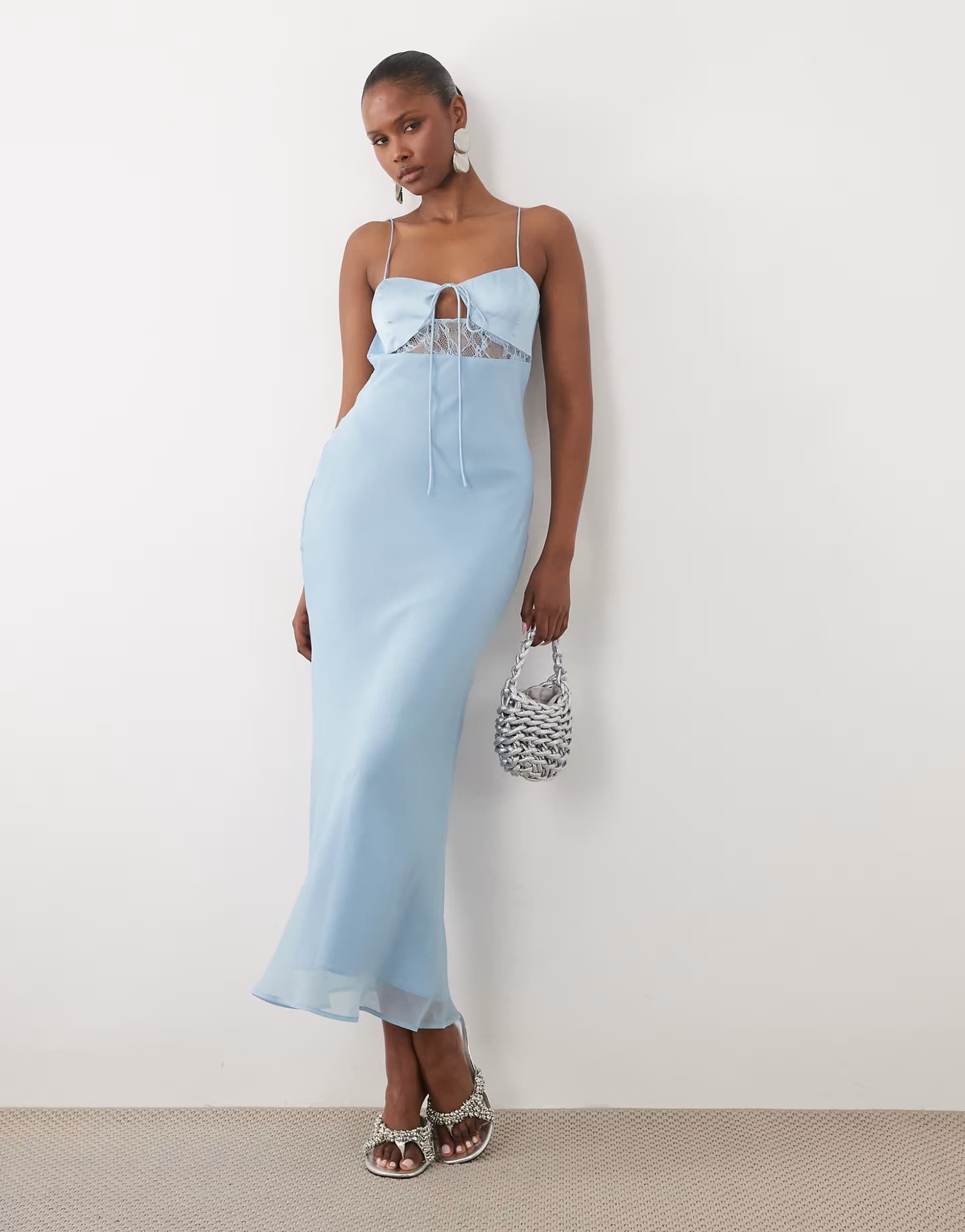 ASOS ASOS DESIGN bias cut sheer chiffon cami maxi dress with satin bust and lace panel in blue