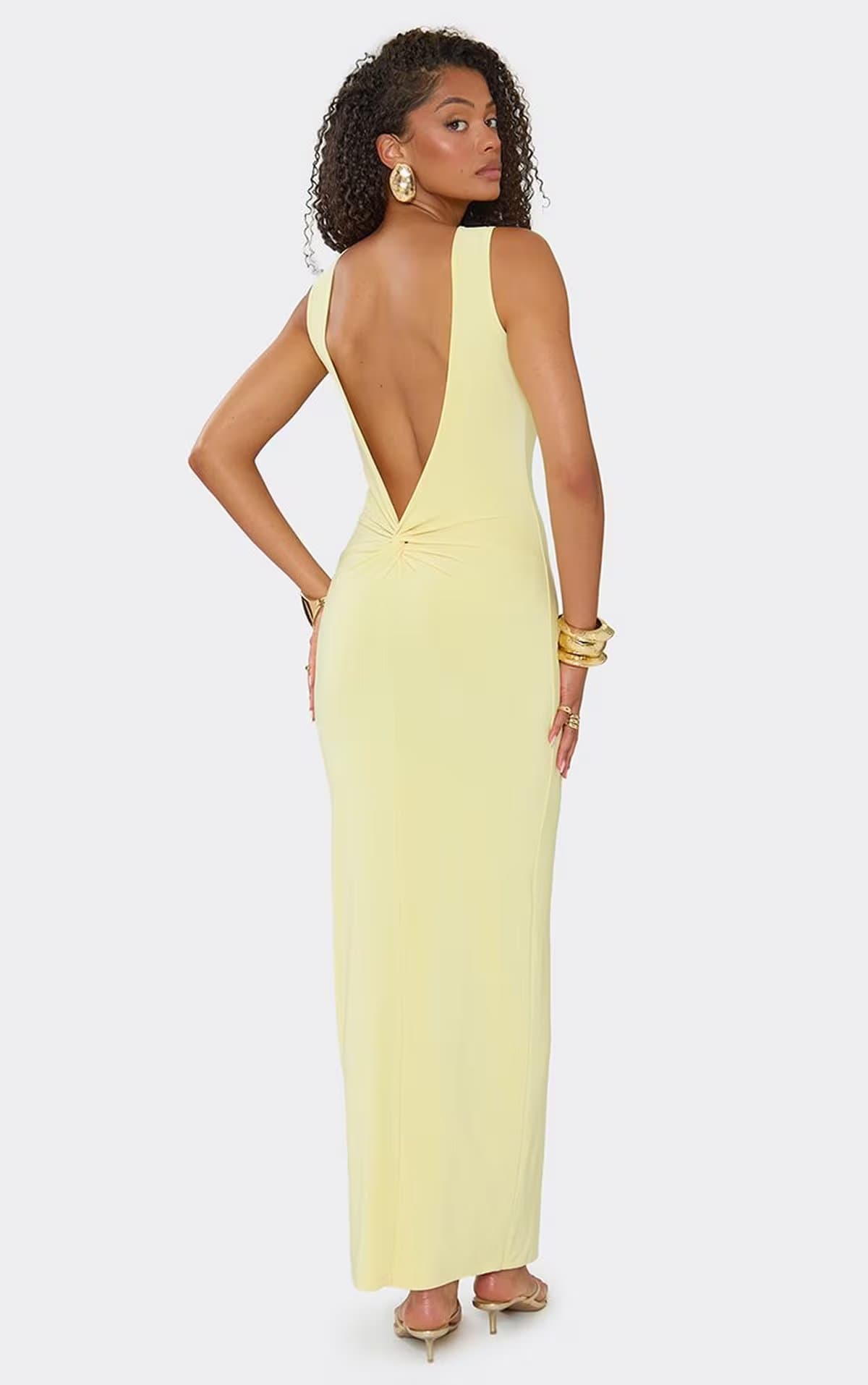 EGO Sleeveless Twist Bum Open Back Maxi Dress In Lemon Slinky, Women's Size UK 6