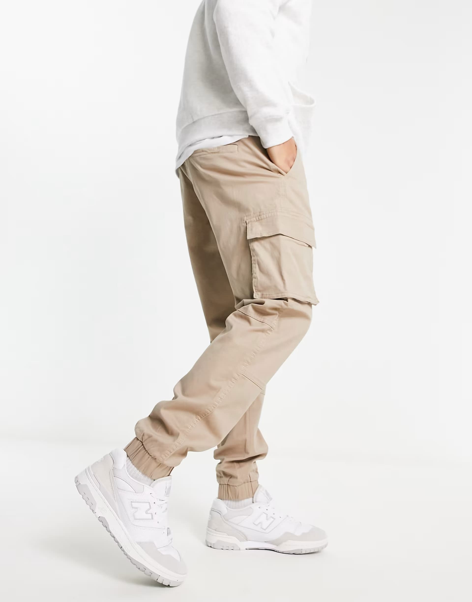 ASOS ONLY & SONS tapered fit cuffed cargo trousers in stone