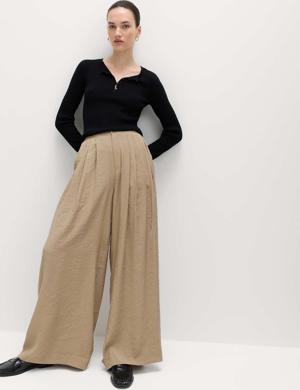 Marks & Spencer M&S Pleat Front Palazzo Trousers Mocha - 3