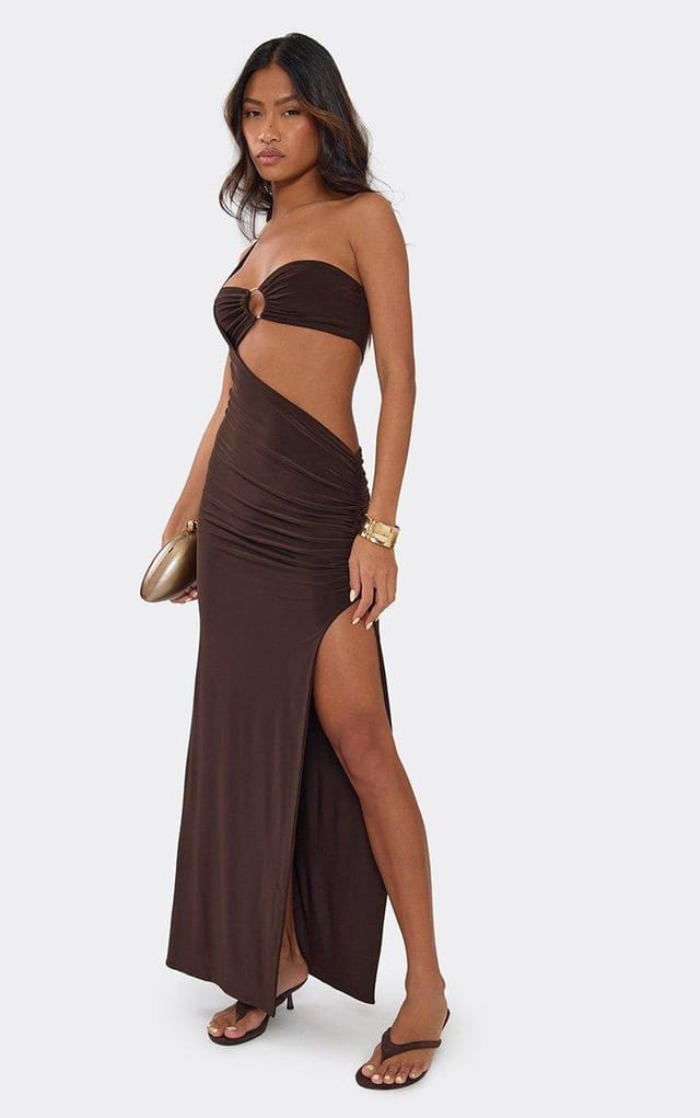 EGO One Shoulder Trim Detail Split Leg Maxi Dress In Chocolate Brown, Women's Size UK 6 - 2