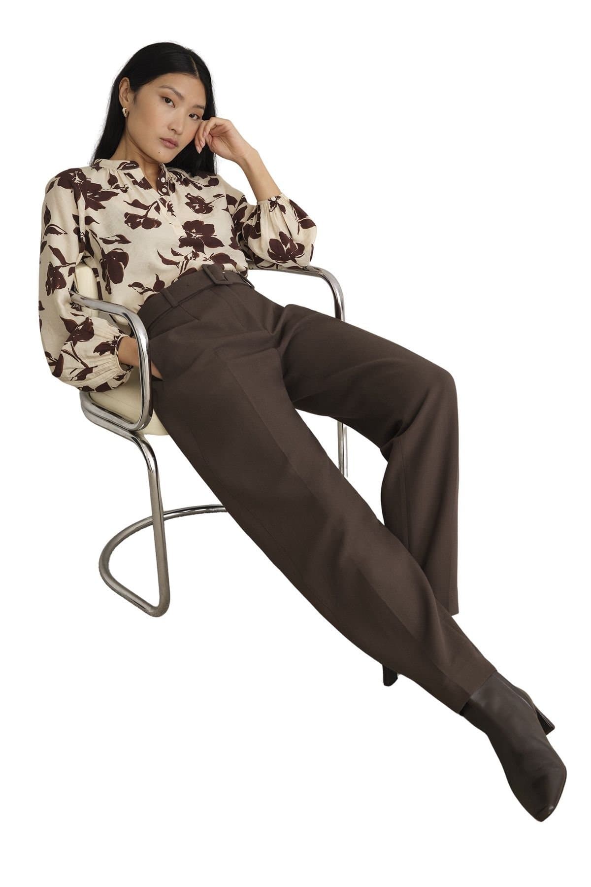 Hobbs London Hobbs London Dark Brown High-Waist Barrel Trousers