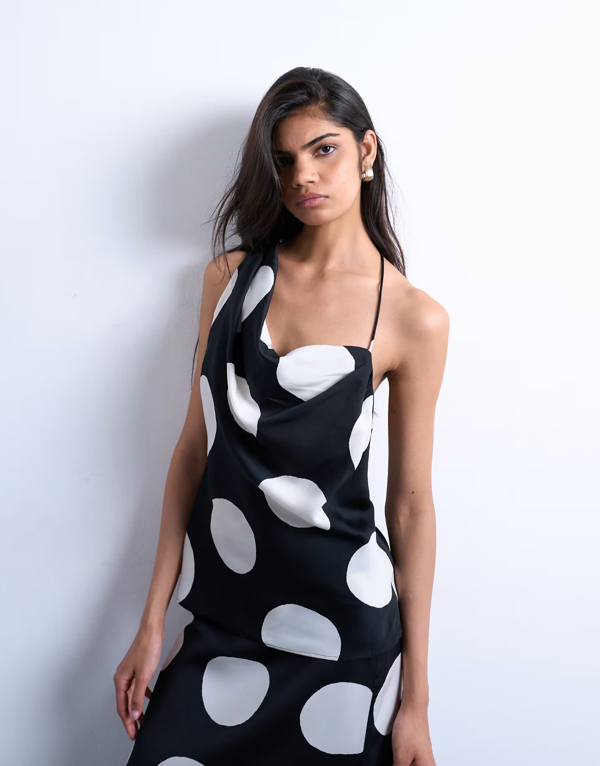 ASOS Topshop co-ord one shoulder satin top in large mono spot