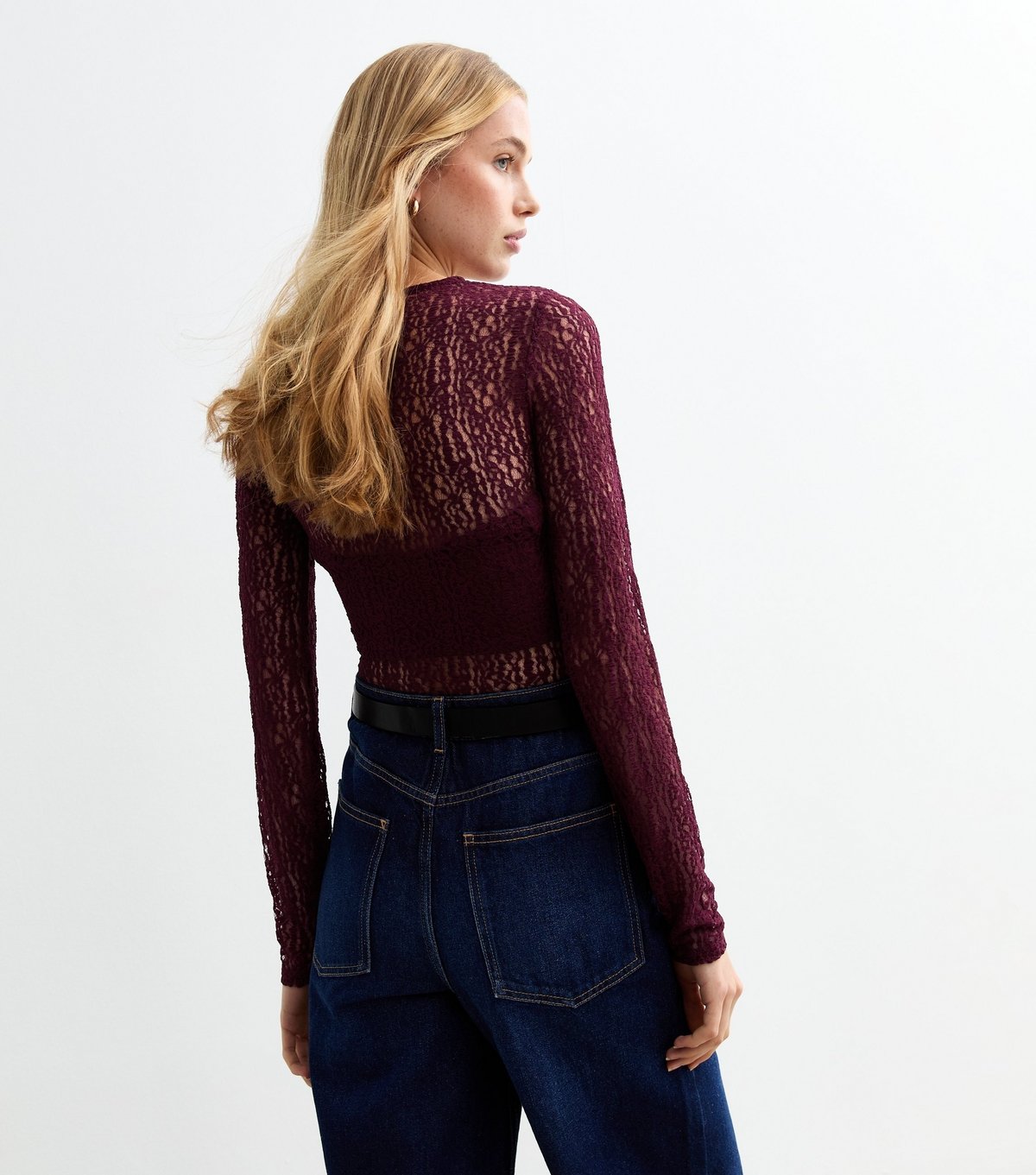 New Look Women's Burgundy Mesh Stretch Long Sleeve Bodysuit New Look - 4