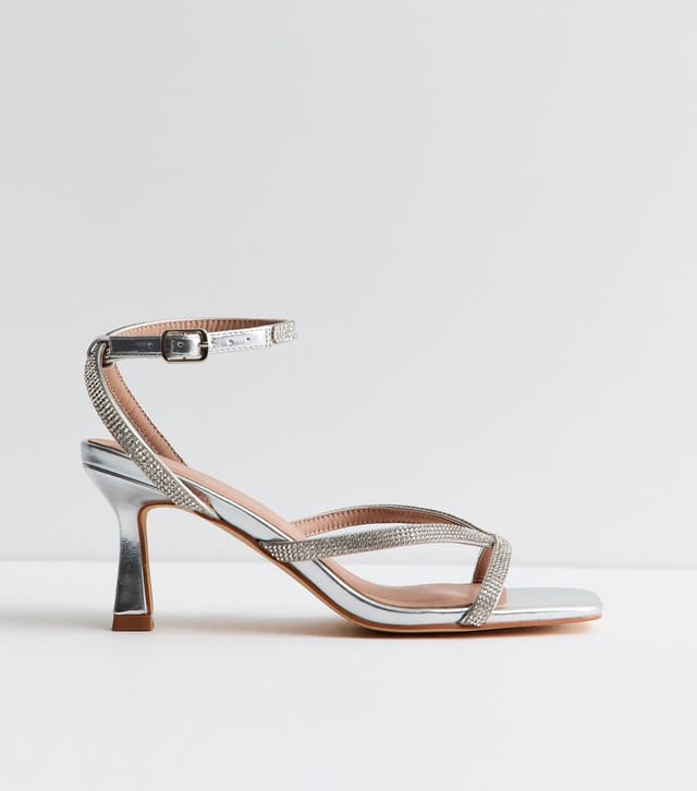 New Look Women's Wide Fit Silver Faux Leather Metallic Diamanté Strap Sandals Vegan New Look - 2