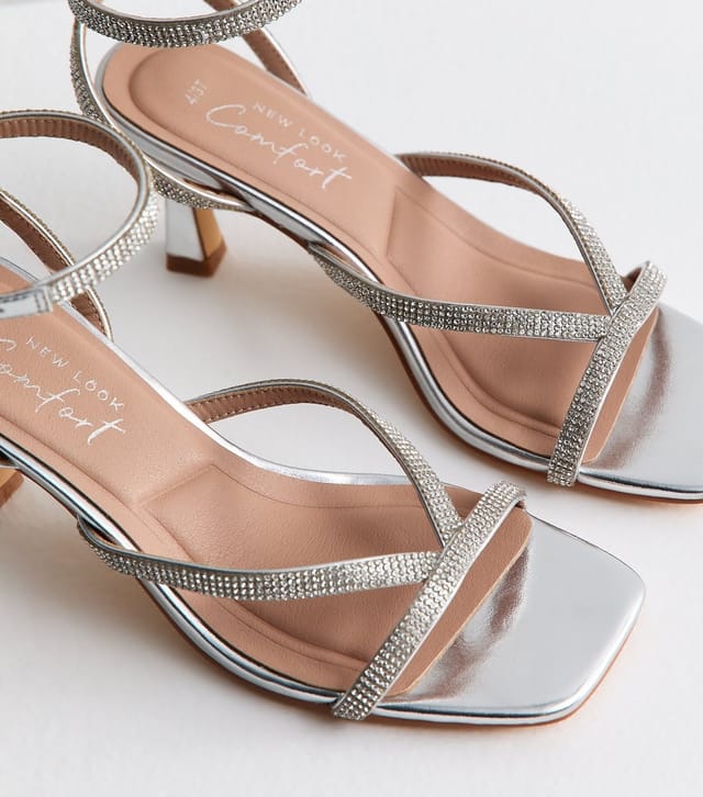 New Look Women's Wide Fit Silver Faux Leather Metallic Diamanté Strap Sandals Vegan New Look - 3