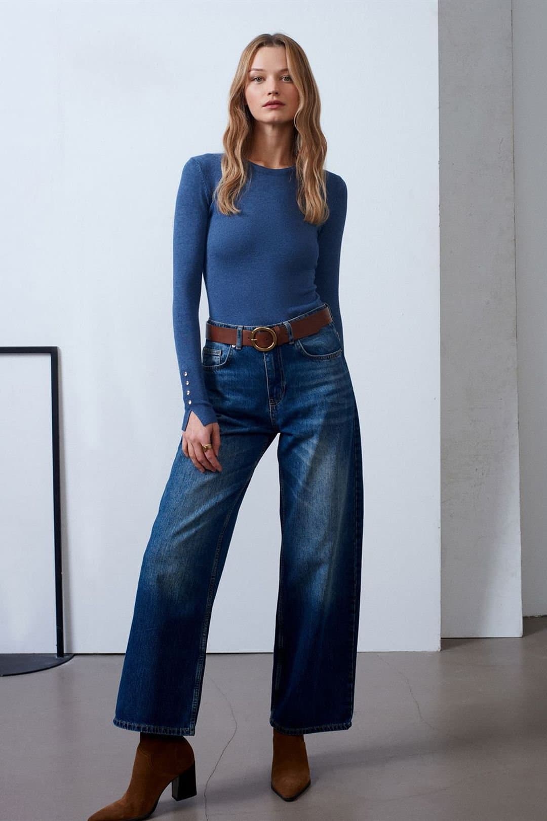 Dilvin Dilvin Women's High-Waist Mid Blue Cotton Denim Wide-Leg Jeans