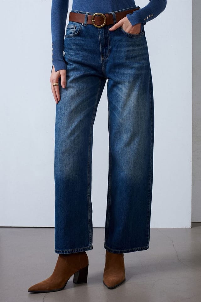 Dilvin Dilvin Women's High-Waist Wide-Leg Cotton Denim Jeans in Mid Blue - 3