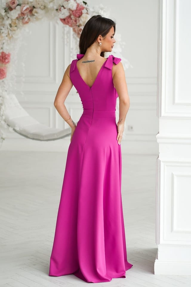Love Lace Love Lace Women's Bow Tied Evening Dress with Leg Slit in Fuchsia - 3