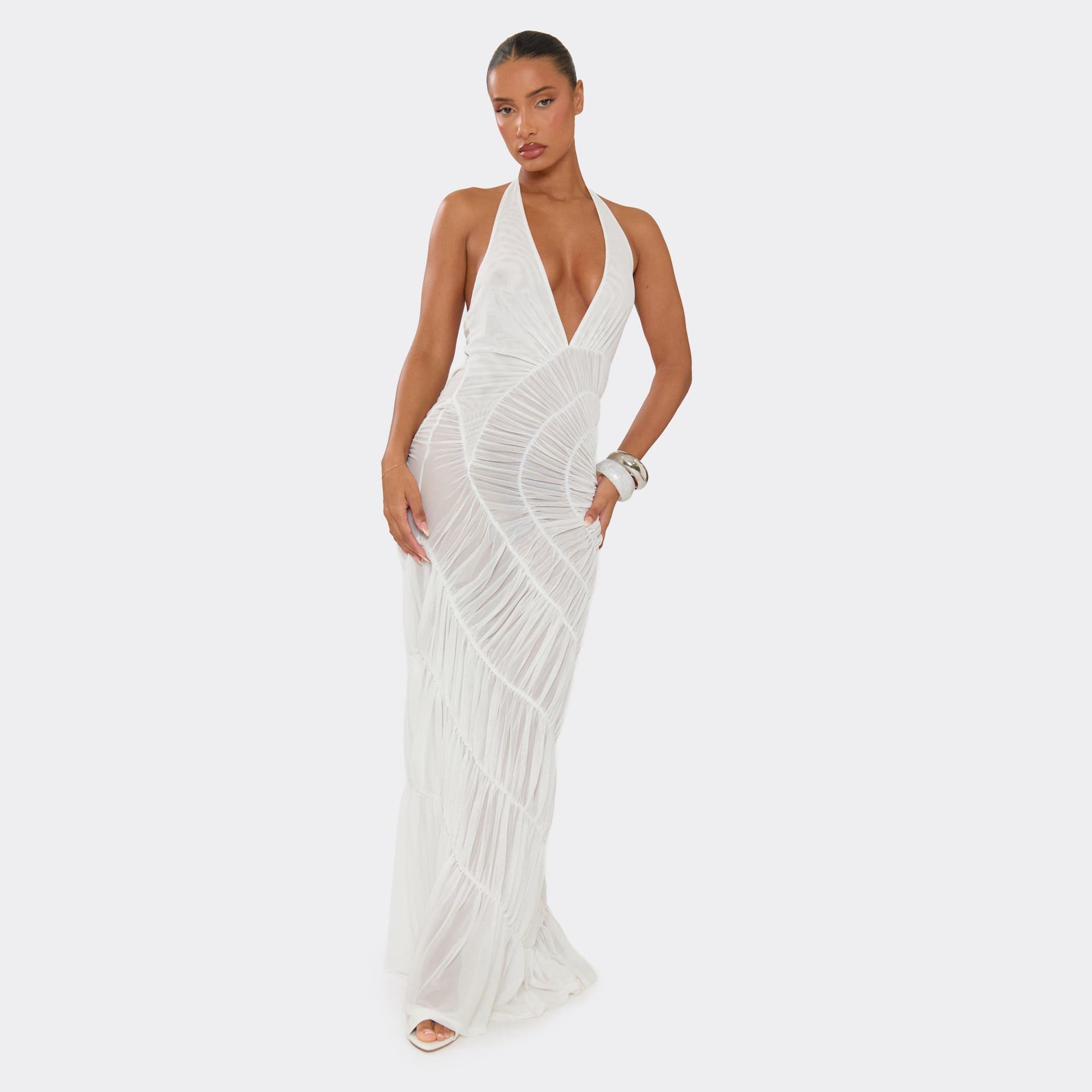 EGO Halterneck Maxi Dress In White Shirred, Women's Size UK L