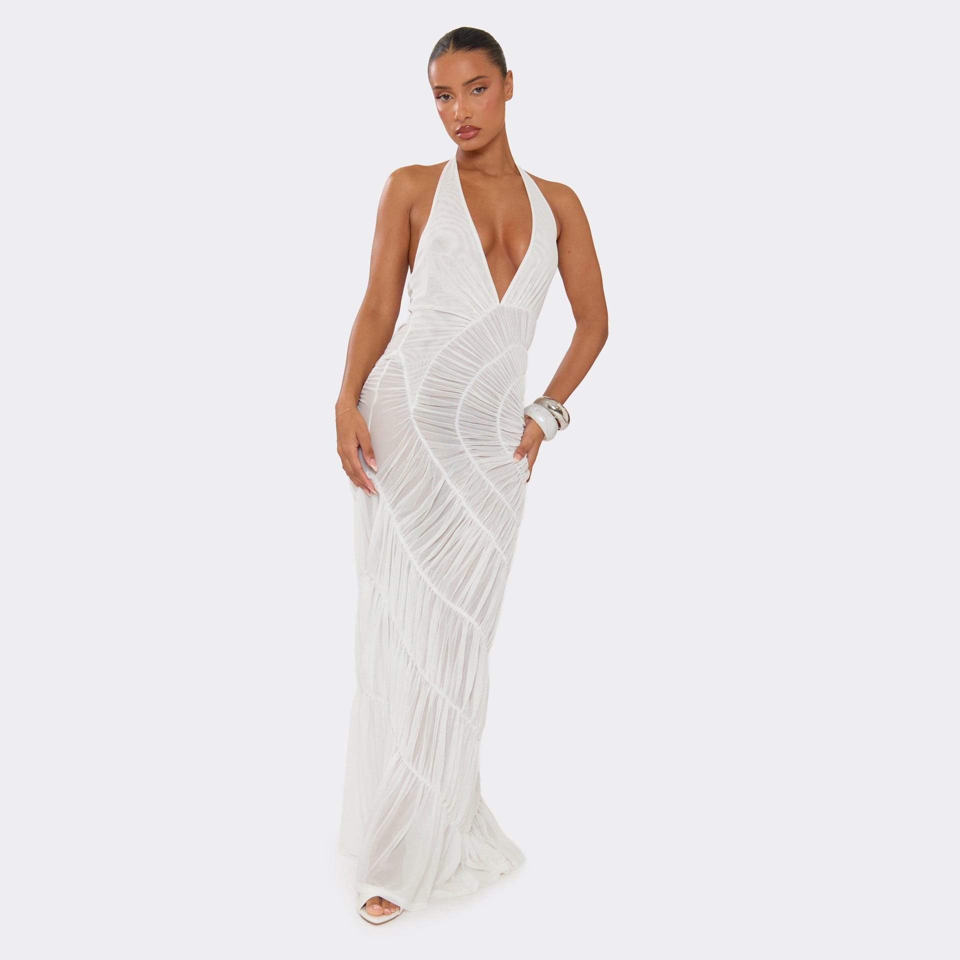 EGO White Shirred Halterneck Maxi Dress