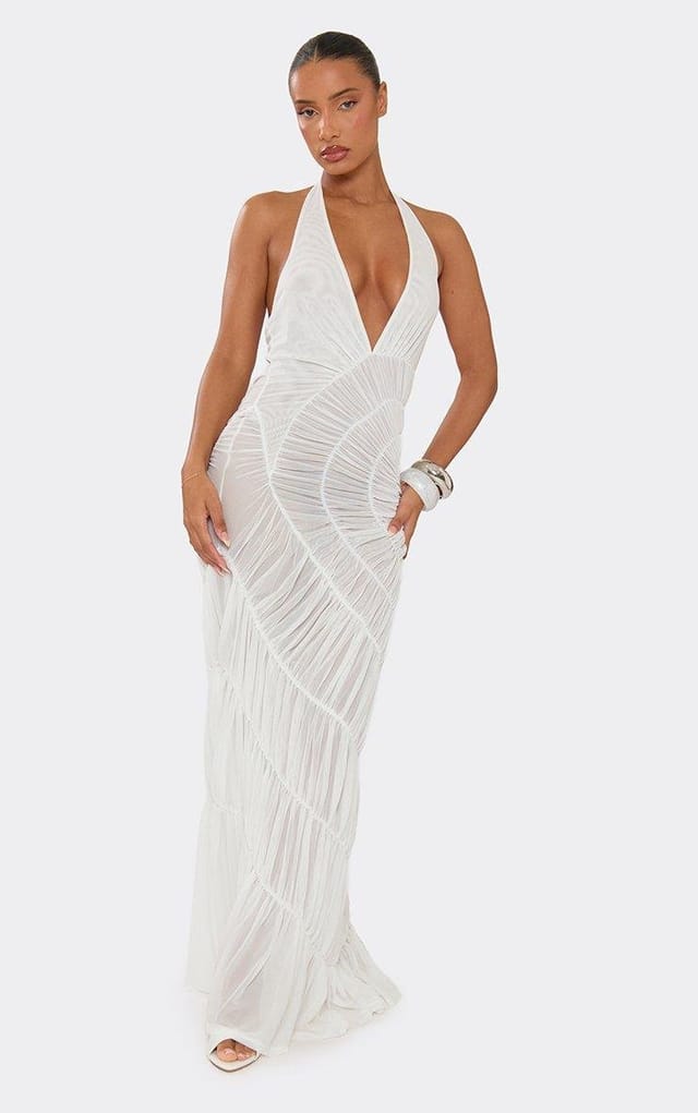 EGO Halterneck Maxi Dress In White Shirred, Women's Size UK L - 2