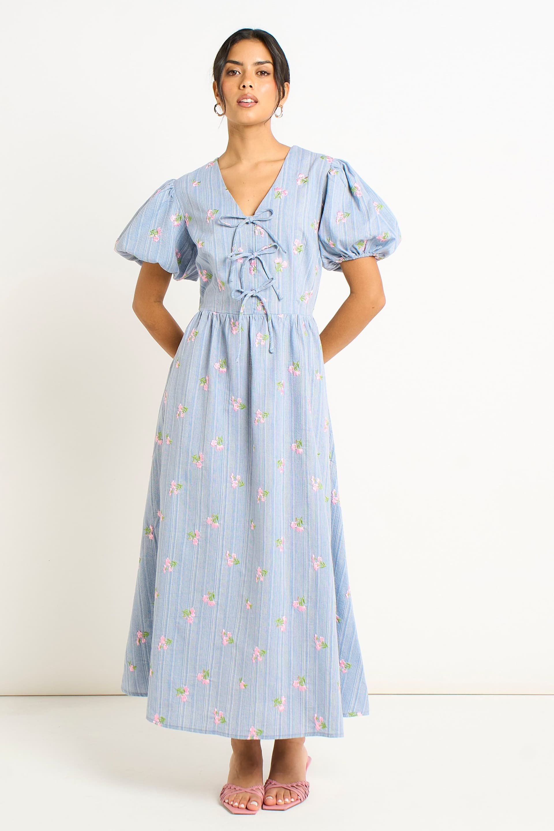 Gini London Gini London Women's Blue Cotton Mix Tie Detail Puff Sleeves Midi Dress