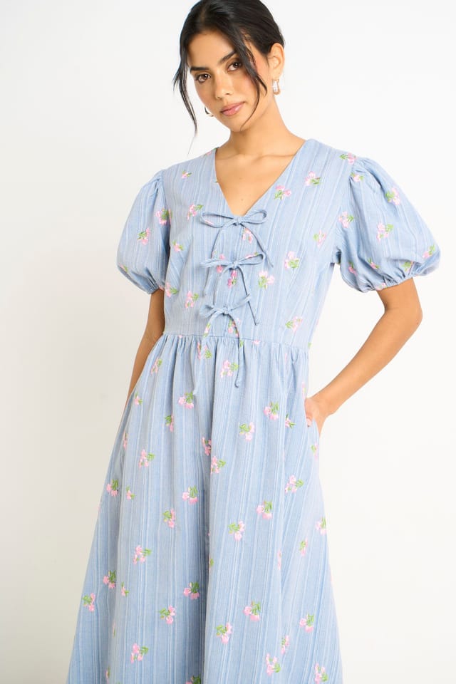 Gini London Gini London Women's Blue Cotton Mix Tie Detail Puff Sleeves Midi Dress - 2