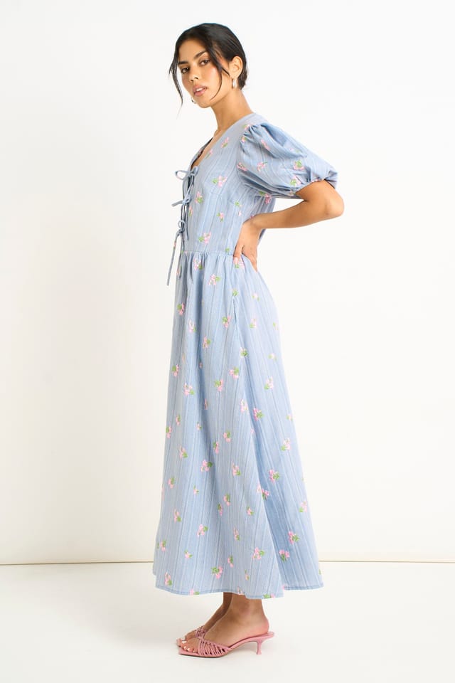 Gini London Gini London Women's Blue Cotton Mix Tie Detail Puff Sleeves Midi Dress - 3