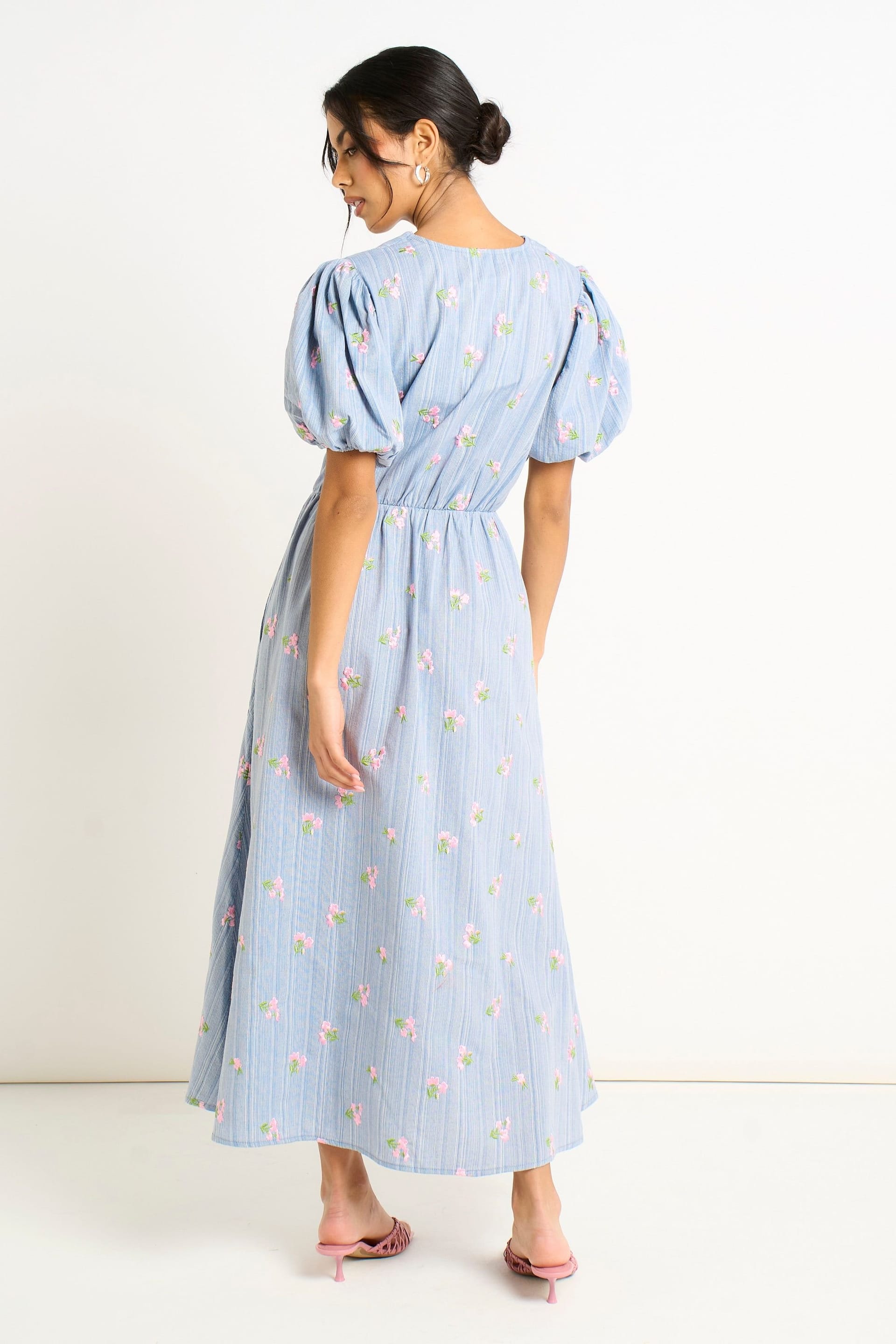 Gini London Gini London Women's Blue Cotton Mix Tie Detail Puff Sleeves Midi Dress - 4