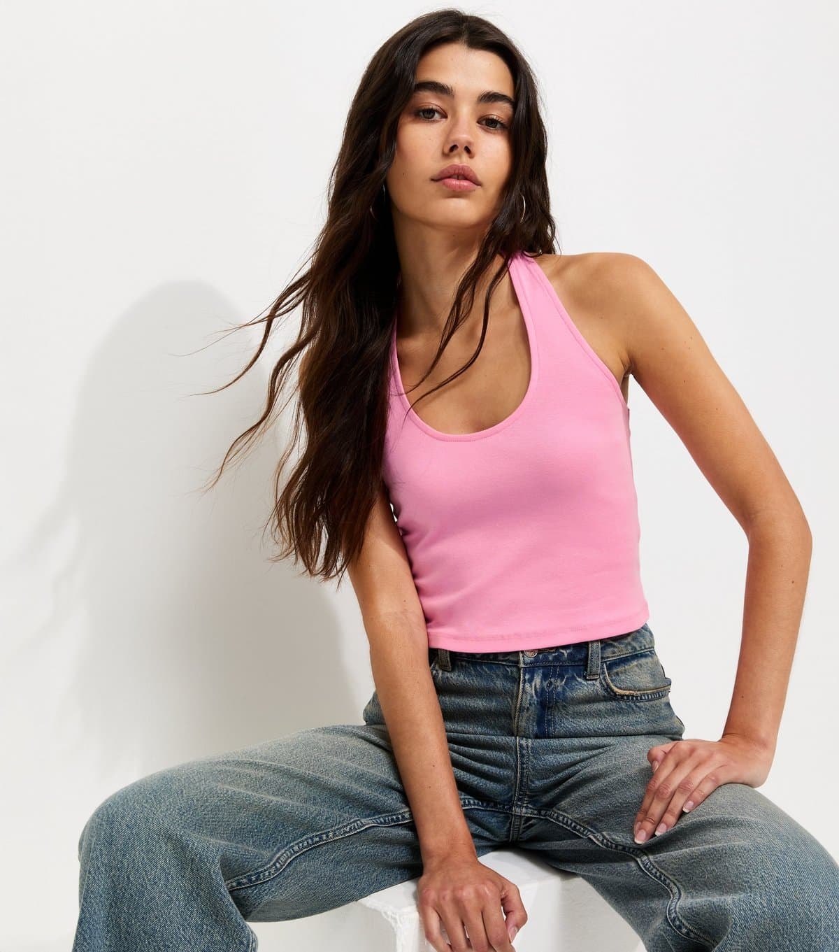 New Look New Look Bright Pink Cotton-Rich Jersey Halter Neck Top