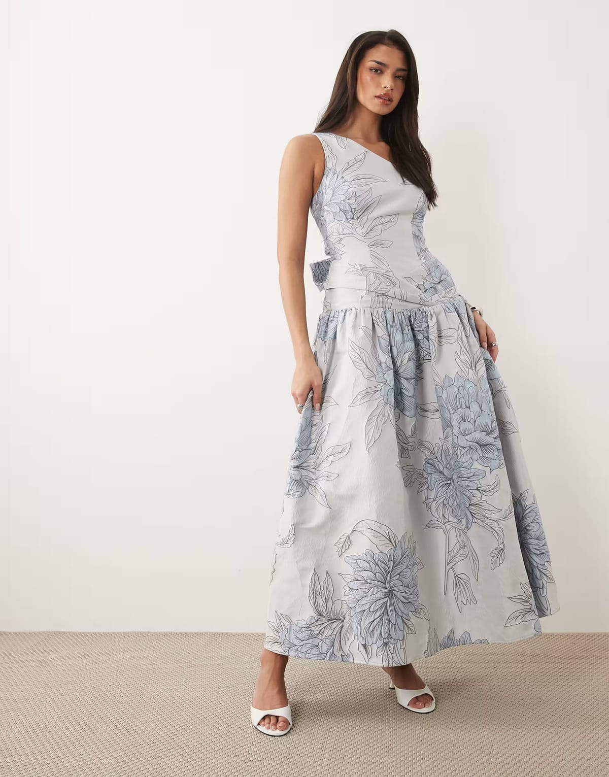 ASOS ASOS LUXE one shoulder jacquard maxi dress in blue floral - 1