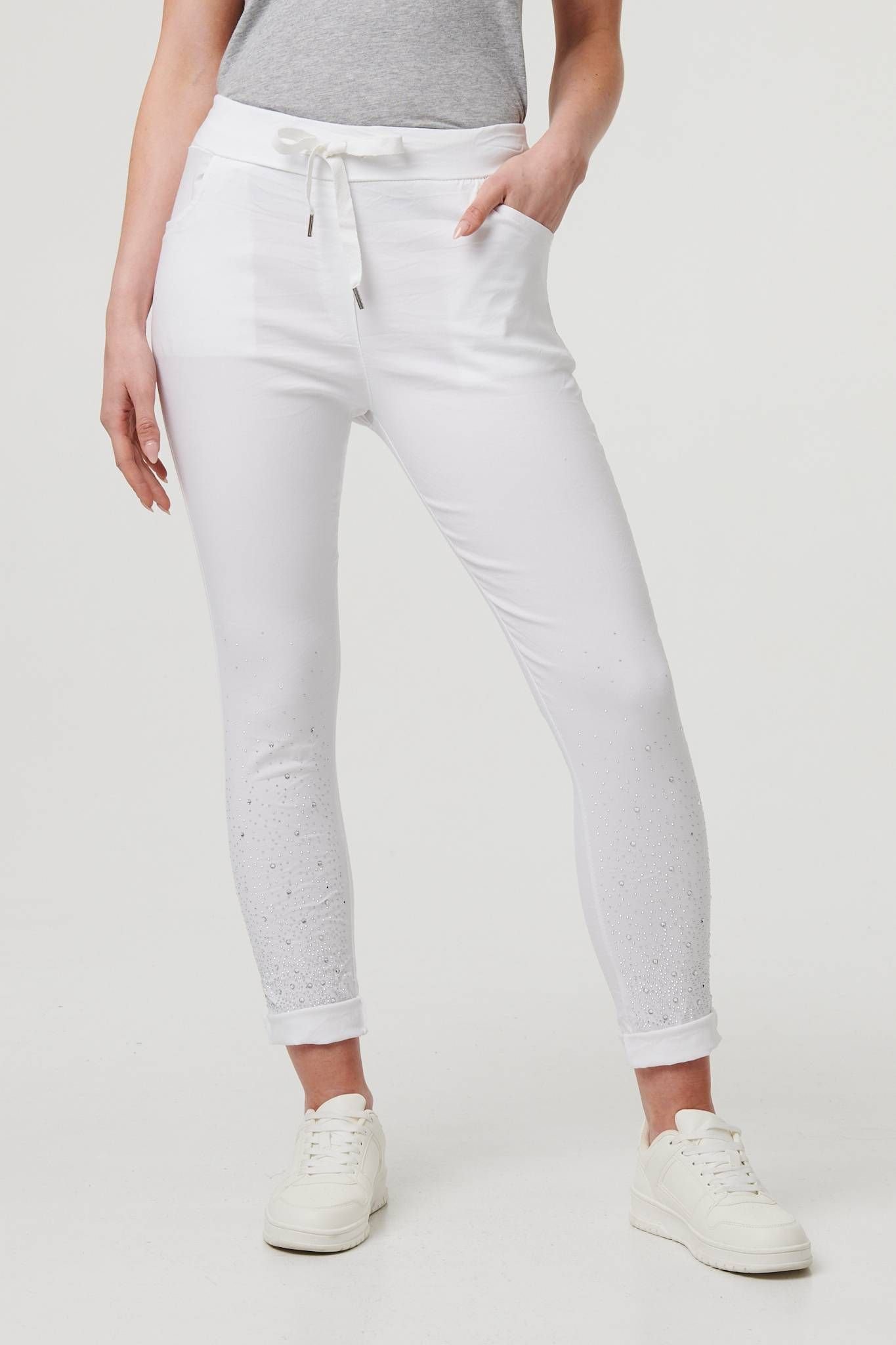 Izabel London Izabel London Women's Diamante Detail Slim Cropped Trousers in White - 4