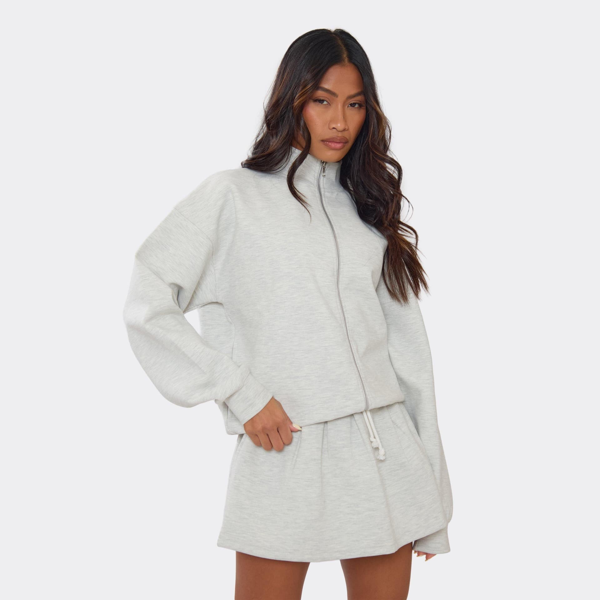 EGO EGO Double Zip Oversized Funnel Neck Jacket In Light Grey Marl Interlock