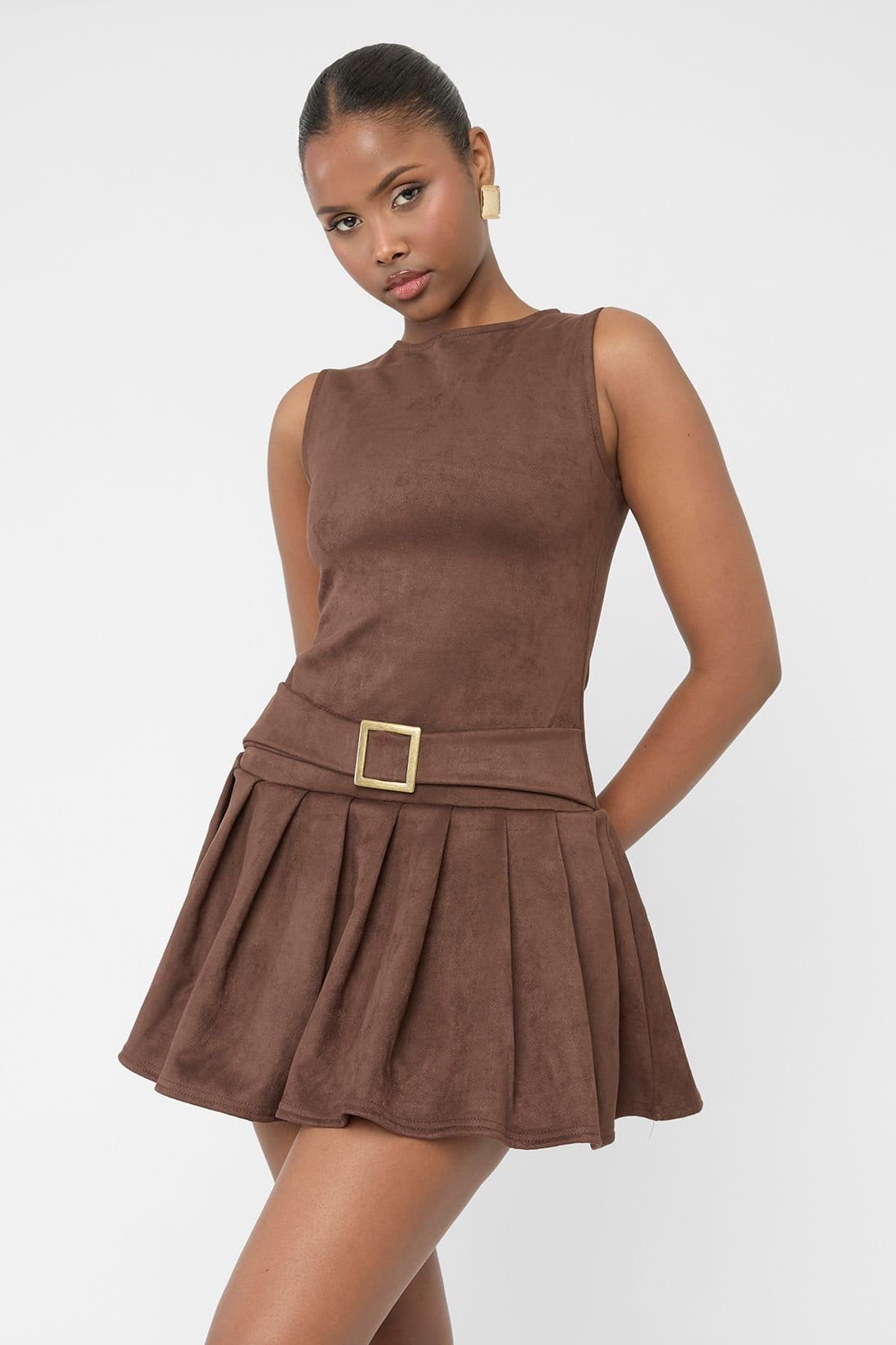 Public Desire Brown Suedette Buckle Detail Pleated Mini Dress