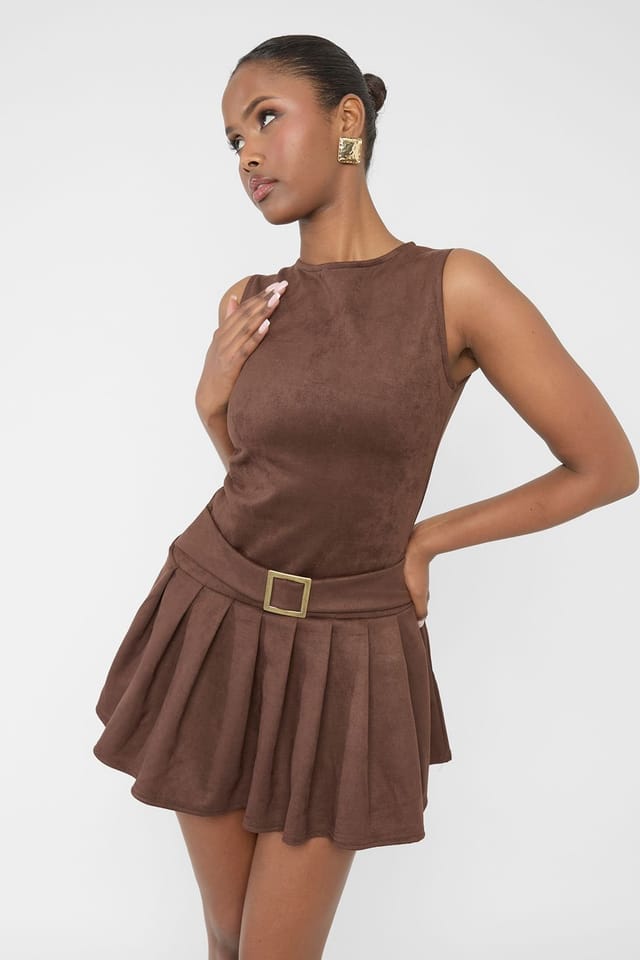 Public Desire Public Desire Women's Suedette Buckle Detail Pleated Mini Dress Brown - 3