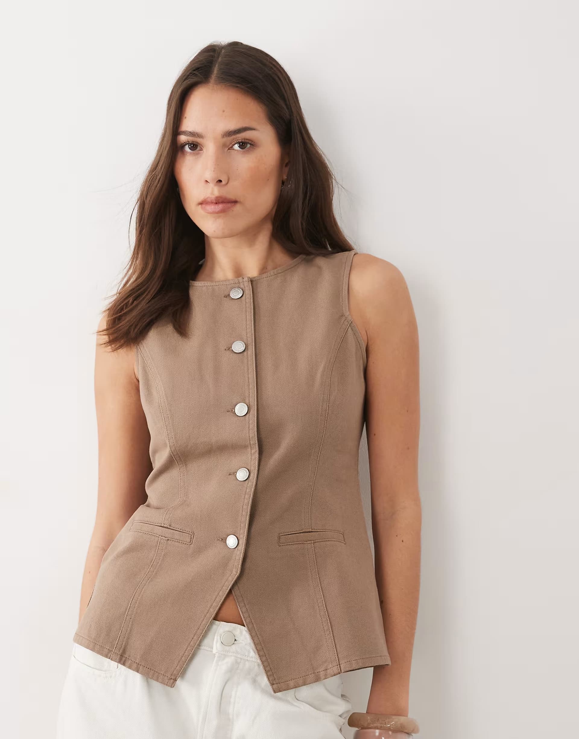 ASOS Threadbare crew neck denim waistcoat in mocha brown