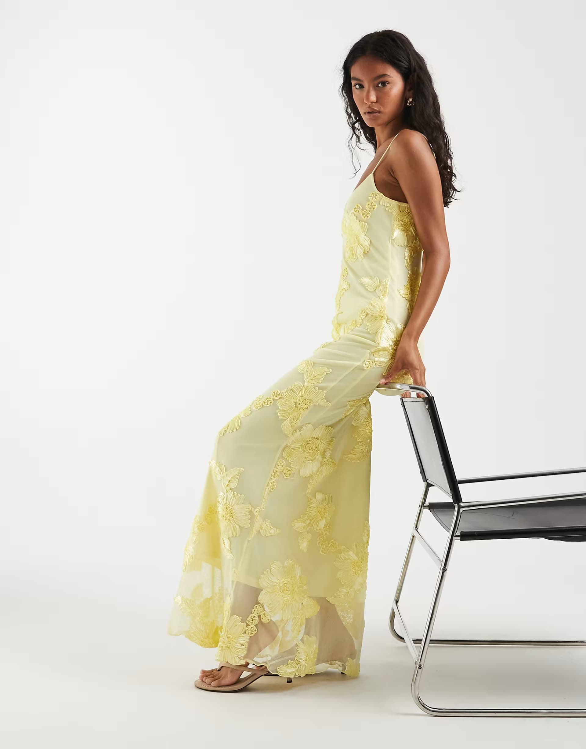 ASOS Pieces floral embroidered mesh cami maxi dress in pastel yellow