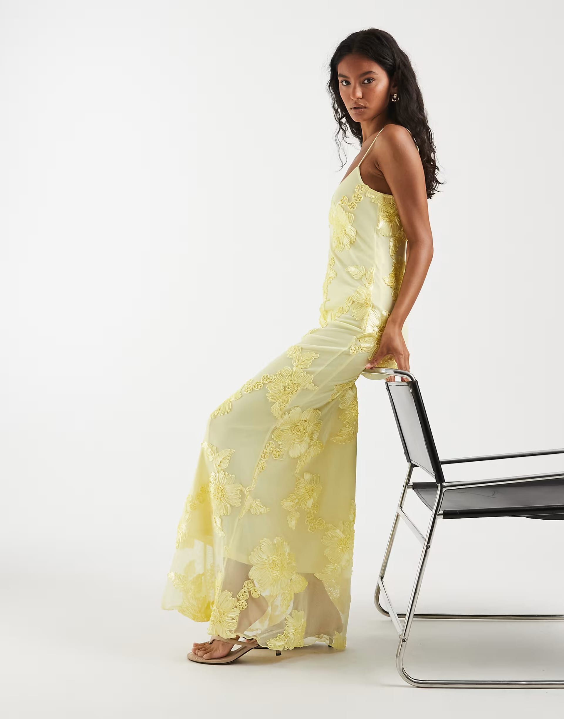 ASOS Floral Embroidered Mesh Cami Maxi Dress in Pastel Yellow
