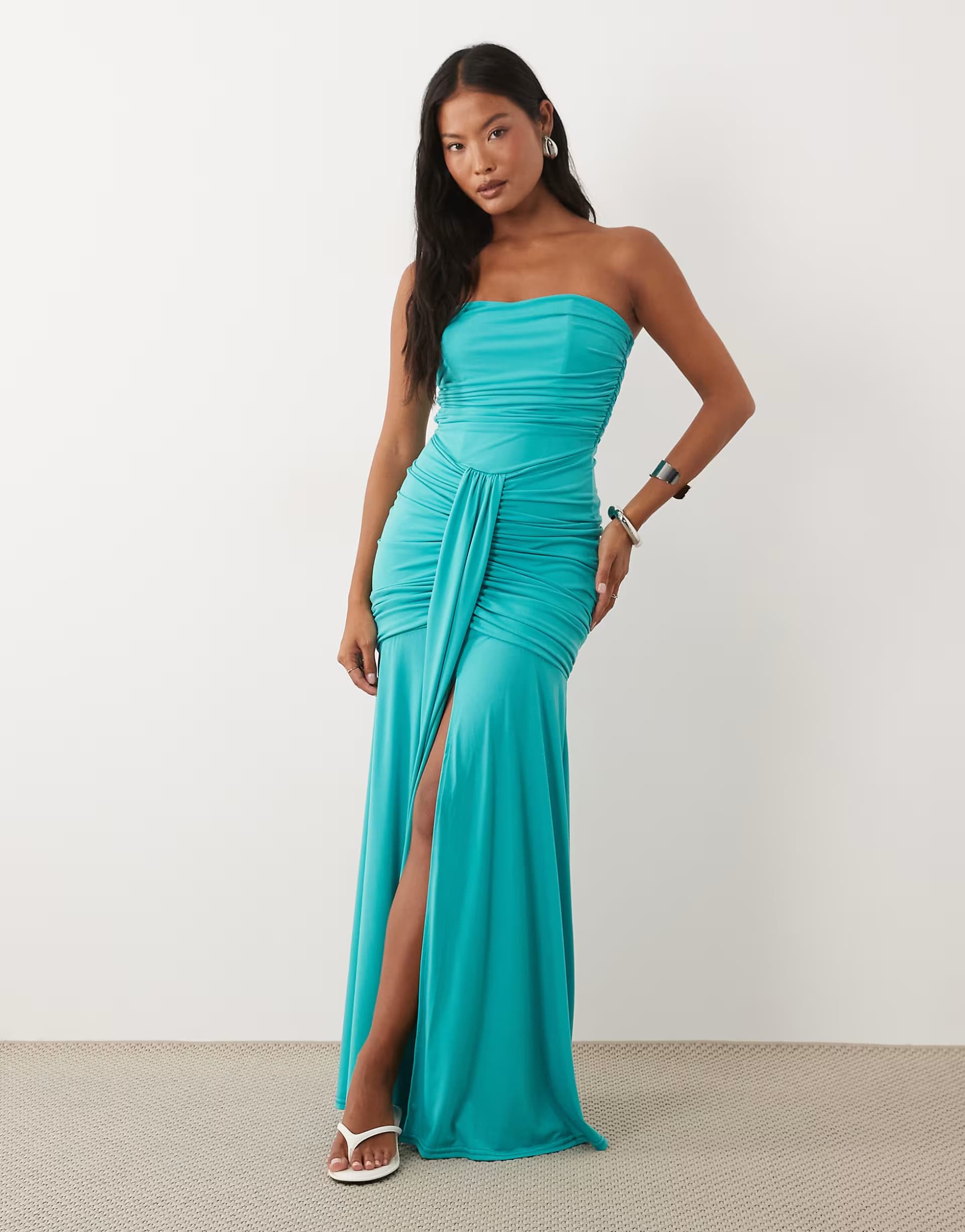 ASOS TFNC Petite slinky bandeau ruched maxi dress in aqua