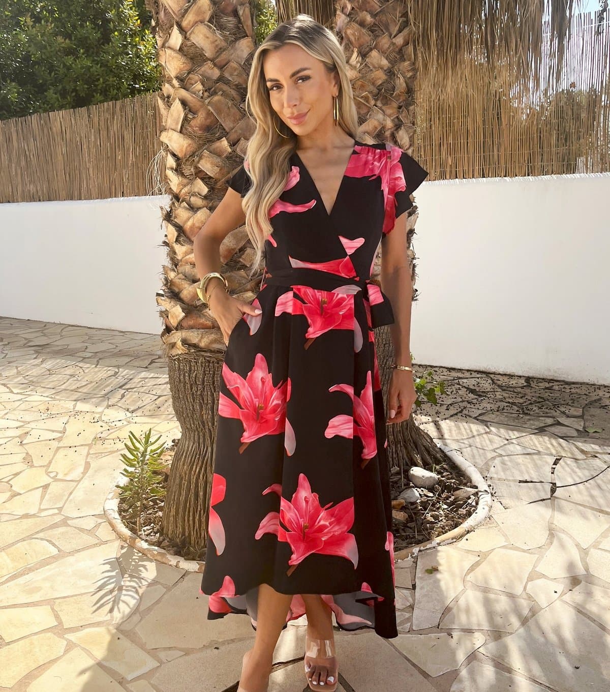 AX Paris Women's Black Floral Wrap Midi Dress AX Paris New Look