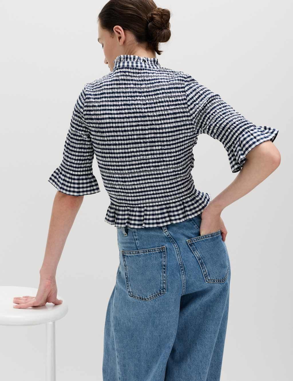 Marks & Spencer M&S Pure Cotton Checked Shirred Shirt Blue Mix - 2