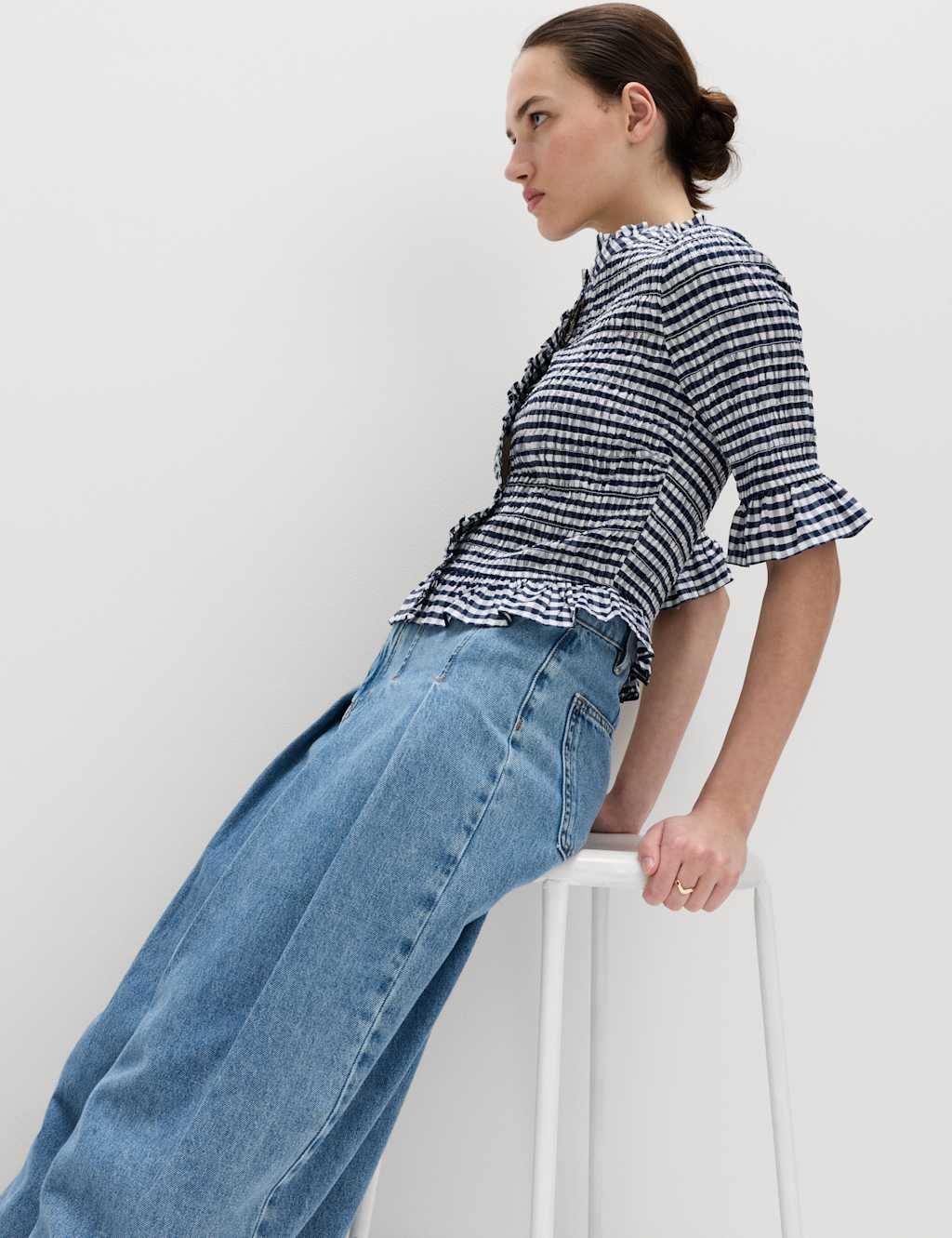 Marks & Spencer M&S Pure Cotton Checked Shirred Shirt Blue Mix - 3