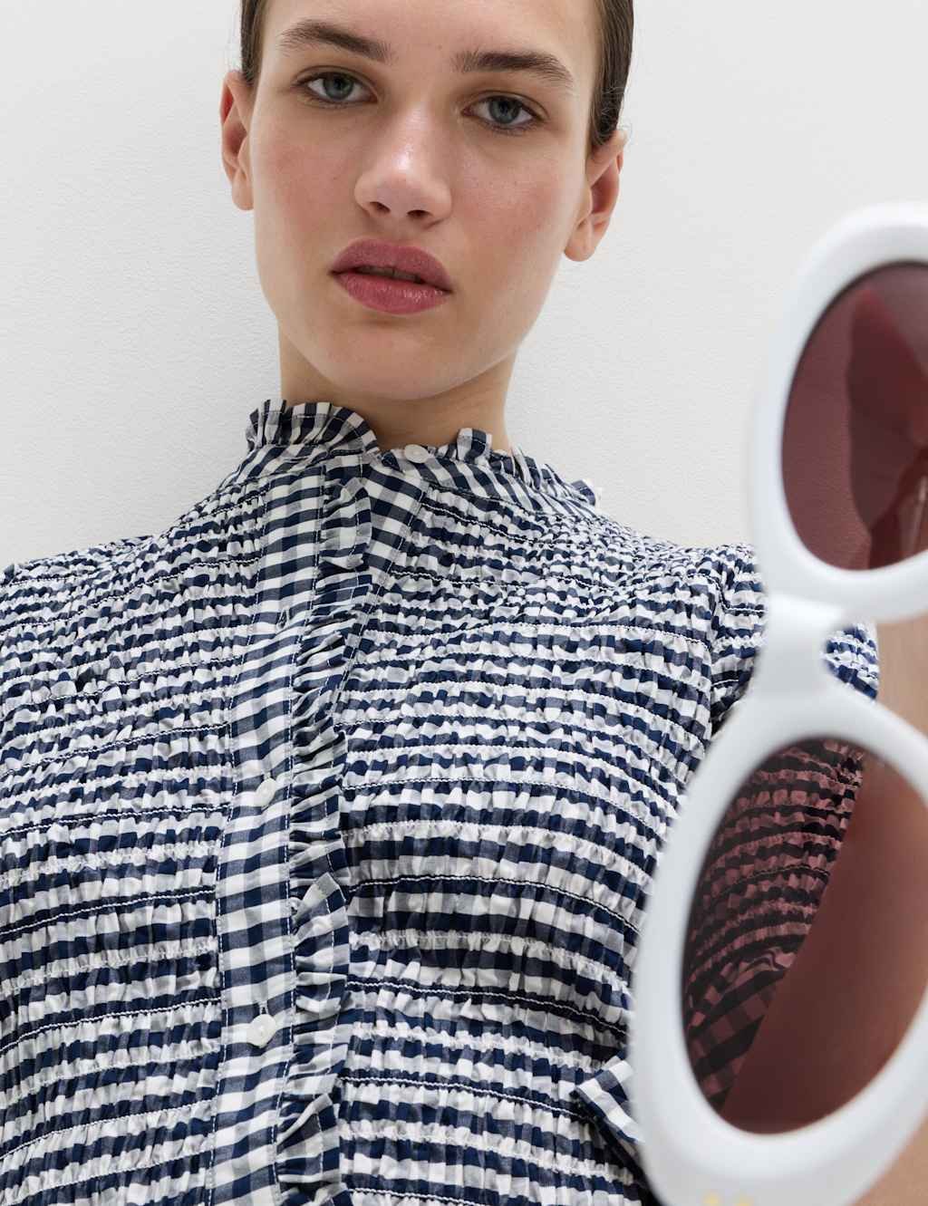 Marks & Spencer M&S Pure Cotton Checked Shirred Shirt Blue Mix - 4