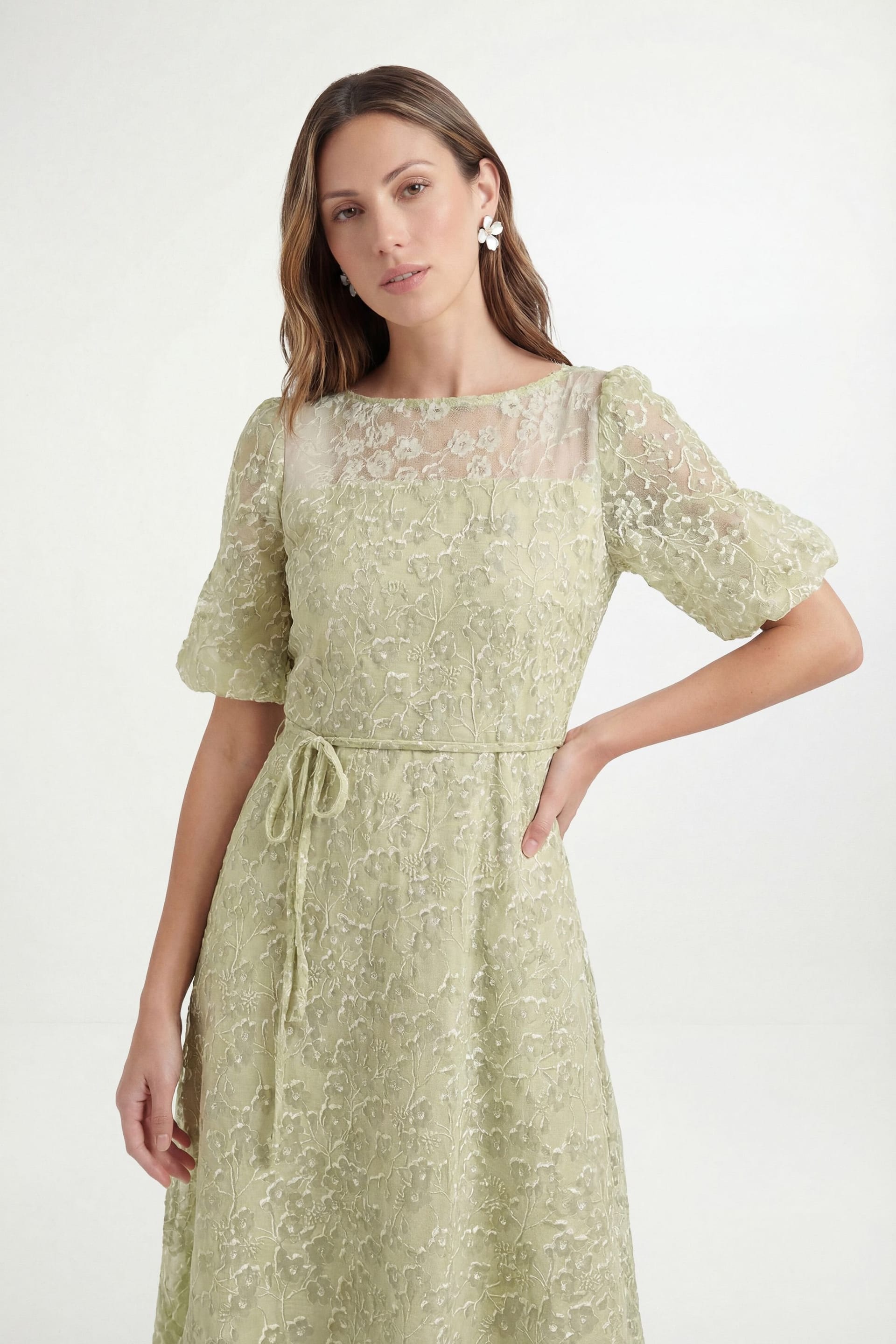 Wallis Wallis Women's Petite Burn Out Floral Organza Midi Dress in Olive - 4