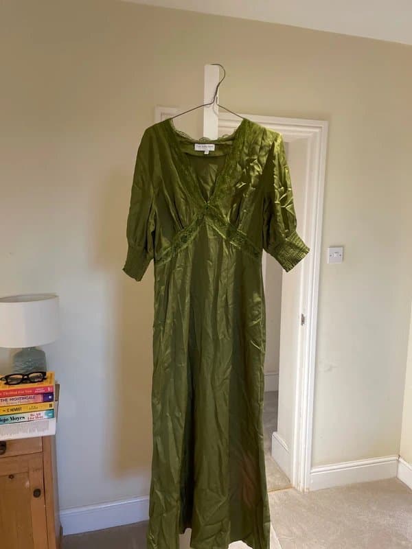 Never Fully Dressed Olive satin lace trim maxi dress