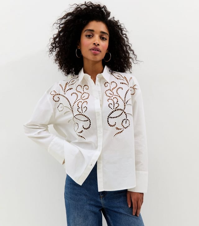 New Look Women's Off White Poplin Lace Embroidered Shirt New Look - 2