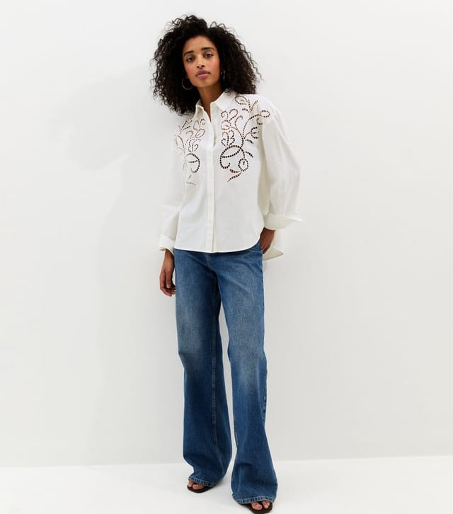 New Look Women's Off White Poplin Lace Embroidered Shirt New Look - 3