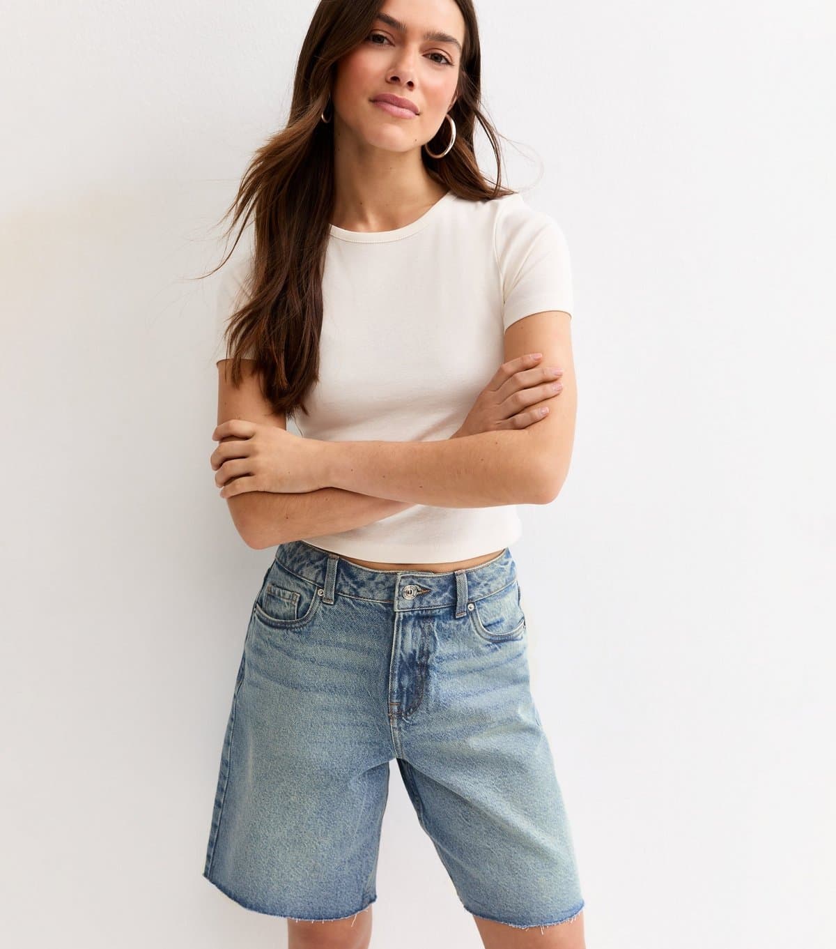 New Look Women's Petite Light Blue Raw Hem Denim Bermuda Shorts New Look